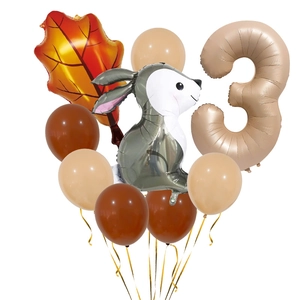 Forest theme balloon set featuring a caramel number 3 with a cute squirrel and maple leaf