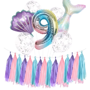 Meerjungfrau Party Deko-Set mit Verlaufszahl 9 Ballon, Muscheln und bunten Papier Quasten