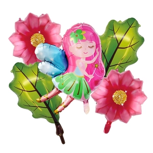 Detalle del set de globos de aluminio de hada de dibujos con flores y hojas verdes