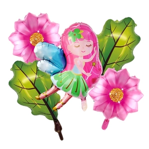 Set de globos de hada con flores rosas y hojas verdes para decoración de fiestas