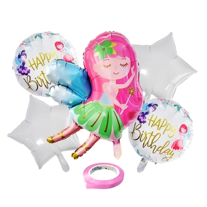 Detalle del set de globos de hadas con estampados de cumpleaños y forma de estrella