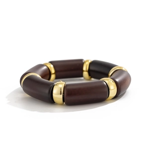 Unisex stretch bracelet with brown wood-textured beads and polished gold metal accents