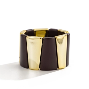 Bracelet large élastique avec modules en résine marron foncé et métal doré poli