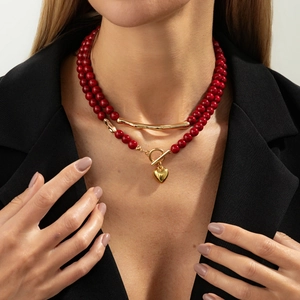 Natural Tiger Eye Beaded Necklace With Carabiner Clasp Heart Pendant Double Layer Acrylic Red Beads Jewelry