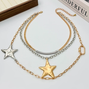 Detailed close-up of layered necklace featuring gold and silver stars on multi-link chains