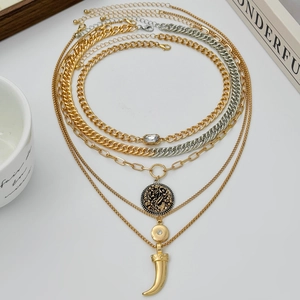Boho multi-layer necklace with gold and silver chains, zircon inlay and coin pendant