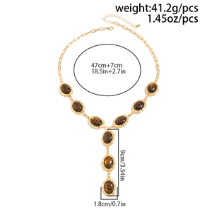 Detailed technical diagram of a retro tiger eye stone Y-shaped necklace with dimensions