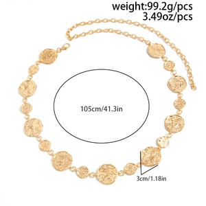 Detail view of gold hip hop waist chain with 3cm textured circles and 105cm total length