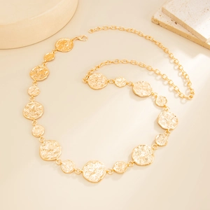 Golden hip hop chain belt with textured round metal medallions and adjustable lobster clasp