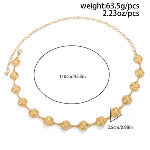 Detailed size map of gold sunflower body chain with 110cm length and 63.5g weight info