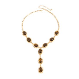 Ethnic vintage Y-shaped gold necklace with oval tiger eye stones and floral base