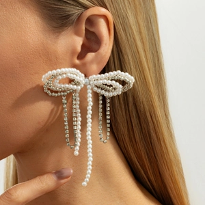 Vintage Bowknot Long Tassel Drop Earrings With Faux Artificial Pearl Rhinestone Alloy Steel Earring Post For Wedding Party Women Jewelry