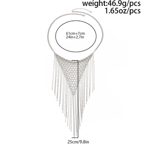 Silver multilayer fringe necklace with V-shaped mesh detail and technical size specs