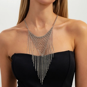 Detail of silver mesh tassel necklace showing layered metallic chains on model neck
