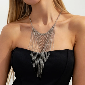 Chic silver layered fringe necklace with woven mesh design for women fashion neck jewelry
