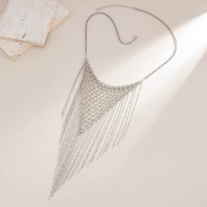 Silver punk style mesh chain tassel necklace with polished finish and layered fringe