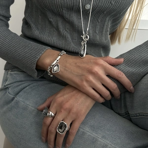 Silver geometric necklace set with dark acrylic crystal pendants and snake chain for women
