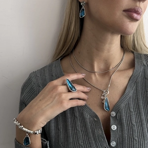 Fashion four-piece blue crystal jewelry set with necklace, ring, earrings and bracelet