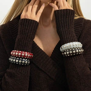 Retro resin bangle set with metal rivets and rhinestone accents for women