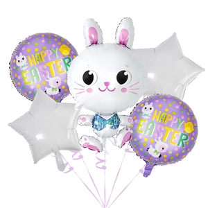5-teiliges Osterballon-Set mit weißem Hasen, Happy Easter Folienballon und Sternen
