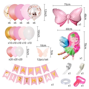 Pink fairy balloon arch kit with butterfly wall stickers for girls birthday party decor