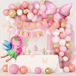 Pink fairy and butterfly balloon arch kit with Happy Birthday banner for party decor