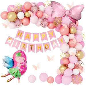 Pink fairy themed birthday party decoration set with gold happy birthday banner and balloons