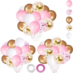 Pink white and gold party balloon arch kit with glitter confetti and ribbons
