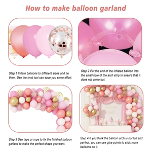 Step-by-step assembly guide for a pink and gold balloon arch kit for birthday parties