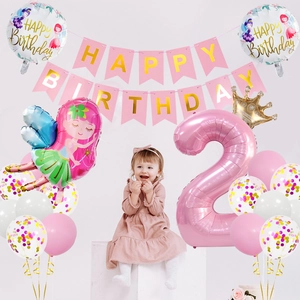 Kit déco fête fée avec ballon chiffre 2 rose et bannière de joyeux anniversaire
