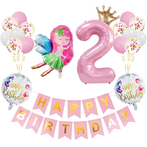 Kit anniversaire fée avec ballon chiffre 2 rose, ballon fée et banderole Happy Birthday