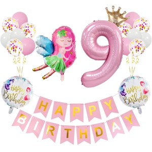 Set déco fête fée 9 ans avec ballon chiffre 9 et bannière Joyeux Anniversaire