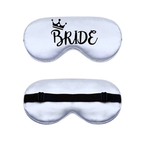 Adjustable faux silk bride eye mask with crown and elegant black lettering on white satin