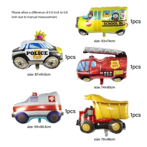 Five-piece vehicle foil balloon set with fire truck, police car, and school bus decorations