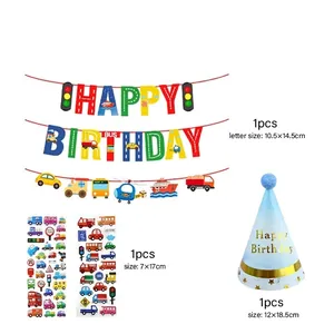 Transportation theme birthday decoration kit with happy birthday banner and vehicle stickers