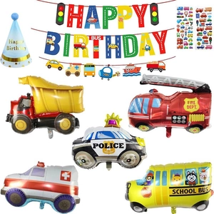 Transportation Theme Kids Birthday Party Decoration Kit With Fire Truck Police Car Ambulance School Bus Foil Balloons Banner Stickers Hat