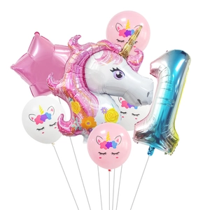 Einhorn Luftballon Set mit Regenbogen Zahl eins für den ersten Kindergeburtstag in Rosa