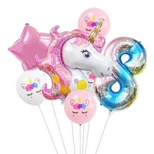 Regenbogen Einhorn Ballon Set mit rosa Stern und Zahl Acht für 8. Geburtstag Deko
