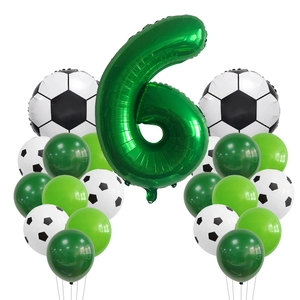 Soccer theme birthday party balloon set with green number 6 and foil football balloons