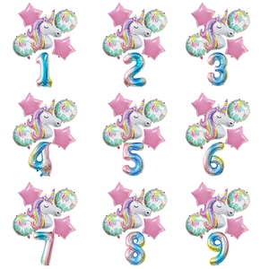 Detailliertes 32-Zoll Regenbogen-Einhorn-Ballonset mit rosa Sternen und Zahlenballons