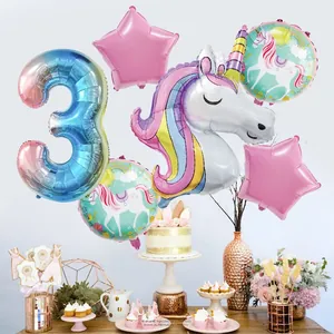 Regenbogen-Zahl 3 und Einhorn-Folienballon-Set für den 3. Geburtstag eines Mädchens