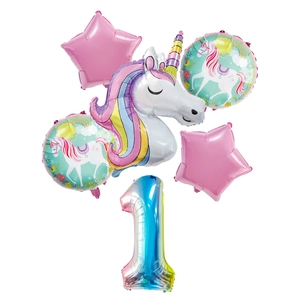 6-teiliges Einhorn-Party-Ballon-Set mit Regenbogen-Zahl 1 und Sternfolienballons