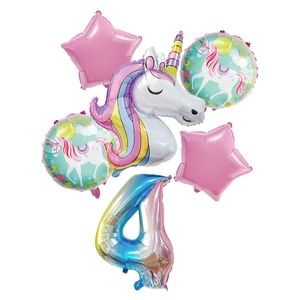 Detailset Einhorn-Folienballons mit Regenbogen-Zahl 4 für Kindergeburtstagsdekoration