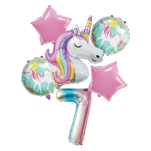 Regenbogen Zahlenballon 7 Set mit buntem Einhorn und Sternen für Kindergeburtstagsdeko