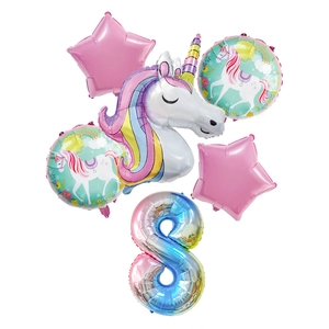 Einhorn-Ballon-Set mit Kopf, runden Motiven, rosa Sternen und Farbverlauf-Zahl 8