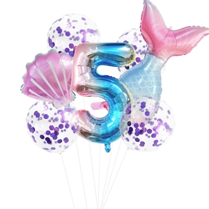 Set fiesta sirena con globo degradado número 5 y globos de aluminio de cola y concha