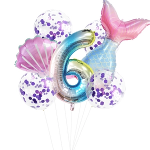 Set de cumpleaños de sirena con número 6 arcoíris, globo de cola y globos con lentejuelas