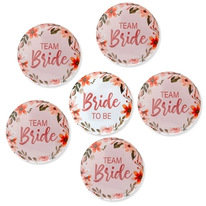 Detailed set of 6 floral wedding tinplate badges for Bride and Team Bride party decor