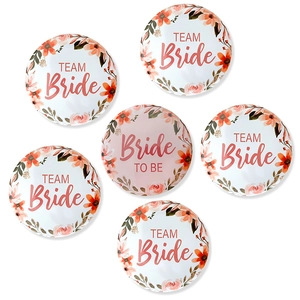 6-piece wedding badge set with floral Bride TO BE and TEAM Bride tinplate brooches