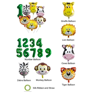 Détails du lot de ballons animaux de la jungle avec chiffres verts et accessoires de fête